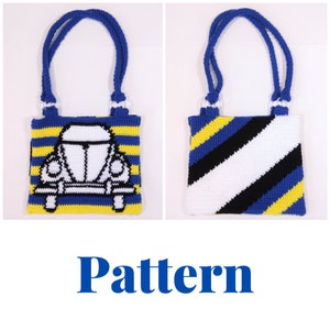 May include: A handmade tote bag with blue handles and a rectangular body. The front features a white car design on a yellow and blue striped background. The back has a diagonal striped pattern in blue, black, white, and yellow. The word "Pattern" is at the bottom.