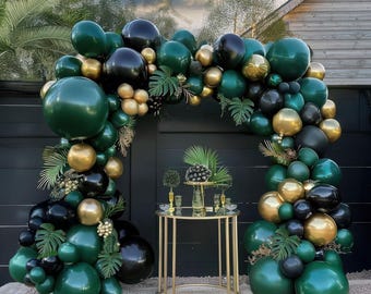 Black Green Golden Balloon Garland Arch Kit, 131pcs Dark Green Metallic Golden Balloons, Forest Green Black Balloon Arch Kit For Baby Shower
