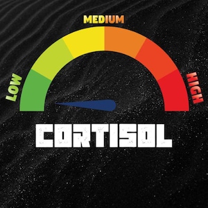Puede incluir: Un medidor con una escala curva, que va del verde (Bajo) al rojo (Alto), con la palabra "Cortisol" en letras blancas. La aguja apunta hacia el extremo inferior de la escala. El fondo es negro texturizado.