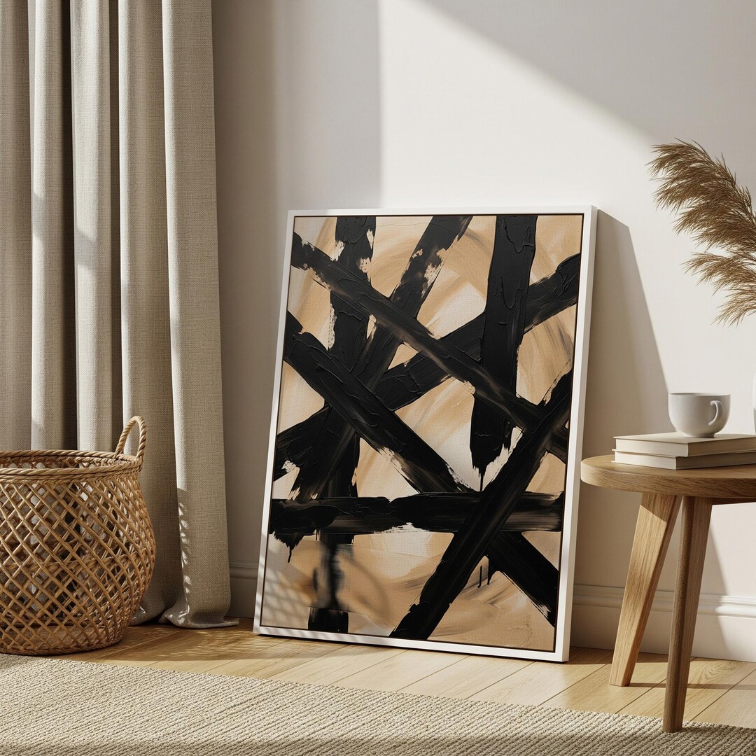 Abstract Black and Beige Art, Framed Canvas Print, Modern Art Decor ...