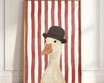 Gentleman Goose Wall Art, Funny Animal Portrait, Whimsical Goose Print, Retro Striped Art, Unique Wall Decor