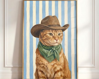 Cowboy Cat Wall Art, Ginger Cat Print, Western Cat Poster, Funny Cat Decor, Rustic Farmhouse Art, Cowgirl Gift, Animal Portrait Wall Decor