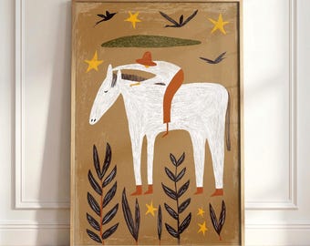 Cowgirl Horse Wall Art Print, Western Folk Illustration Poster, Horse Lover Gift, Rustic Boho Ranch Decor, Minimalist Western Ar