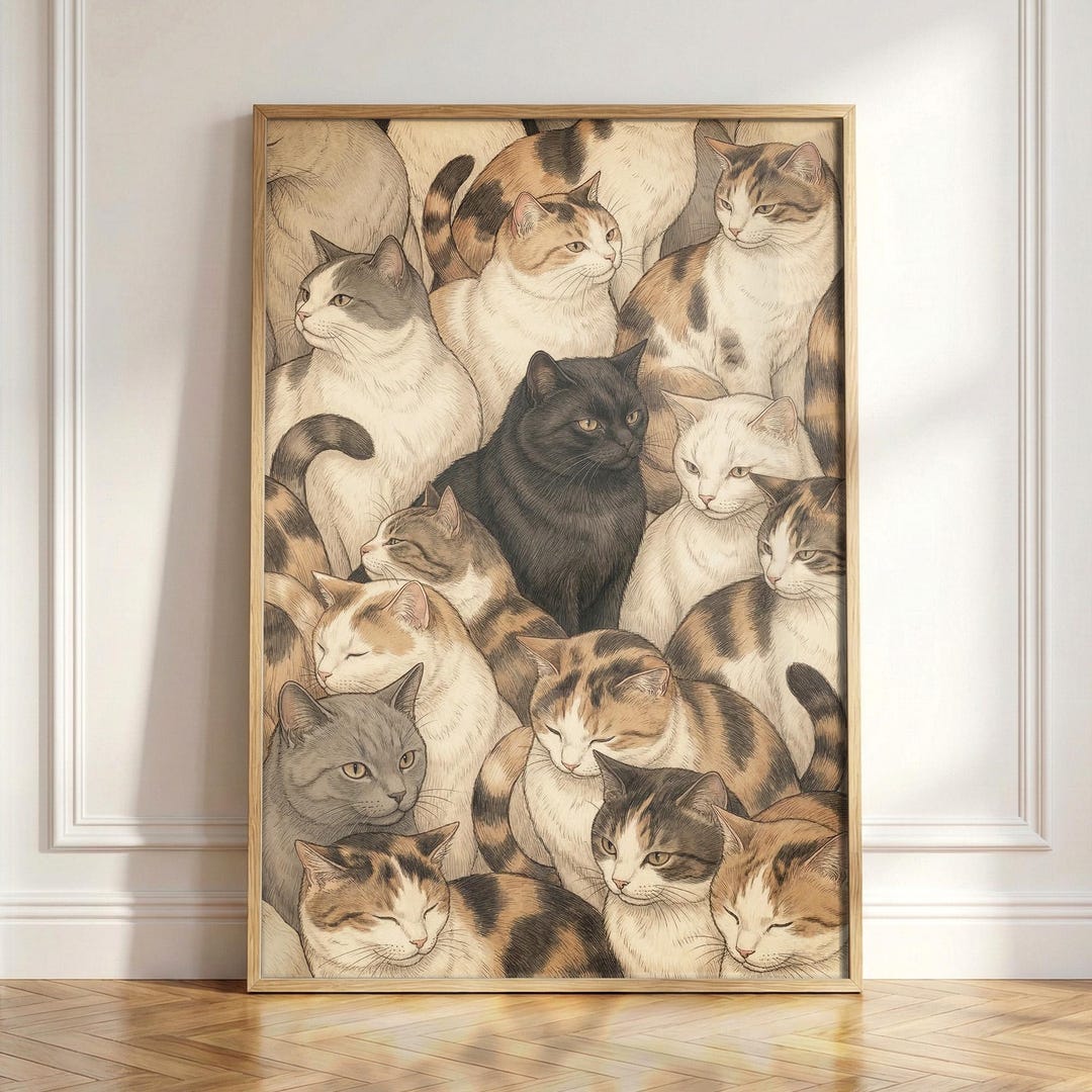 Cat Lover Wall Art Print, Vintage Cat Illustration Poster, Cozy Cat ...