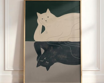 Lazy Cats Wall Art, Yin Yang Cat Print, Minimalist Cat Illustration, Twin Cats Art, Modern Abstract Wall Decor