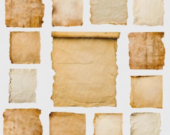 May include: A collection of aged paper pieces with torn edges and a vintage aesthetic. The papers vary in size and shape, with a range of brown and beige tones, some with visible text. Ideal for crafting or scrapbooking projects.
