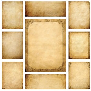 Pode incluir: Uma coleção de folhas de papel pergaminho em estilo antigo com superfícies envelhecidas e texturizadas. Os papéis variam em tamanho e forma, apresentando uma paleta de cores sépia quente, bordas mais escuras e bordas decorativas.