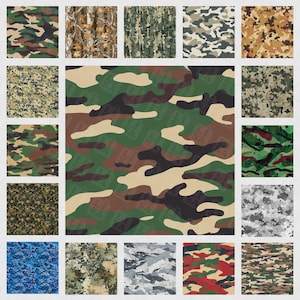Może przedstawiać: Kolekcja wzorów kamuflażu w różnych schematach kolorystycznych. Wzory obejmują tradycyjne wzory kamuflażu leśnego, pustynnego i cyfrowego. Kolory wahają się od zieleni i brązów po błękity i szarości. Obraz to ekspozycja próbek tkanin.