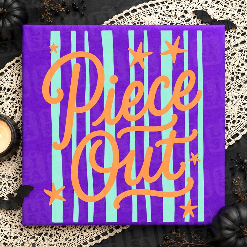 May include: A square canvas print featuring a vibrant purple background with vertical light blue stripes. The text Piece Out is written in large, orange, cursive lettering across the center, accented by several small orange star shapes.