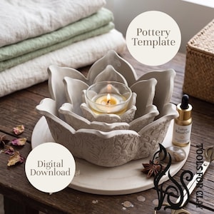 May include: A gray ceramic lotus flower candle holder with a lit candle in a glass cup. The holder sits on a white plate, with the text "Pottery Template" and "Digital Download" visible. A bottle of "Lotus Ritual Oil" is also present.