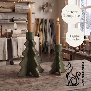 May include: Two green ceramic Christmas tree-shaped candle holders with lit beige candles. The candle holders are on a wooden table. The image also includes the text "Pottery Template" and "Digital Download".