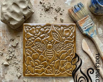 Bee Botanical Tile Stamp and Cutter Set, Ceramic Clay Texture Tool