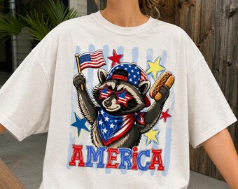 Striped 4th of July Raccoon Boy Shirt, funny Patriotic America Raccoon Shirt, American Flag, USA Red White Blue Shirt