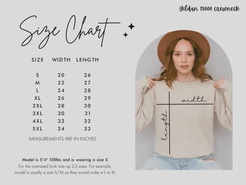 Op de afbeelding: Een maattabel voor het Gildan 18000 sweatshirt met breedte- en lengtematen in inches voor de maten S tot 5XL. De tabel bevat een visuele gids op een beige sweatshirt die laat zien waar de breedte en lengte op het kledingstuk worden gemeten.