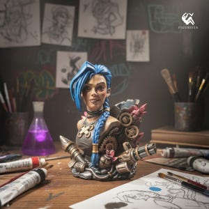 Jinx Byst Pennhållare för Skrivbord - 16K Harts Handmålad Staty - League of Legends - Arcane