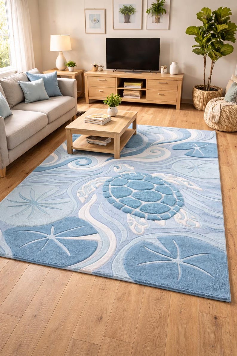 Sea Turtle Area Rug, Coastal Ocean Rug, Hand Tufted Wool Carpet, Blue ...