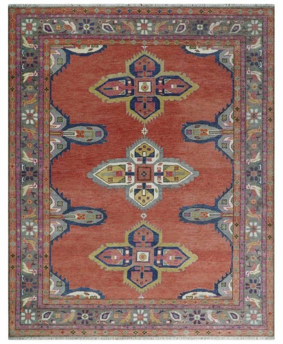 Rust Hand Knotted Wool Rug | Vintage Geometric Tribal Area Rug | Artisan Handmade Carpet