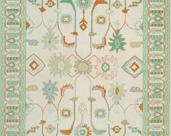 Hand-Knotted Wool Oushak Rug | Ivory, Mint Green, Pastel Floral
