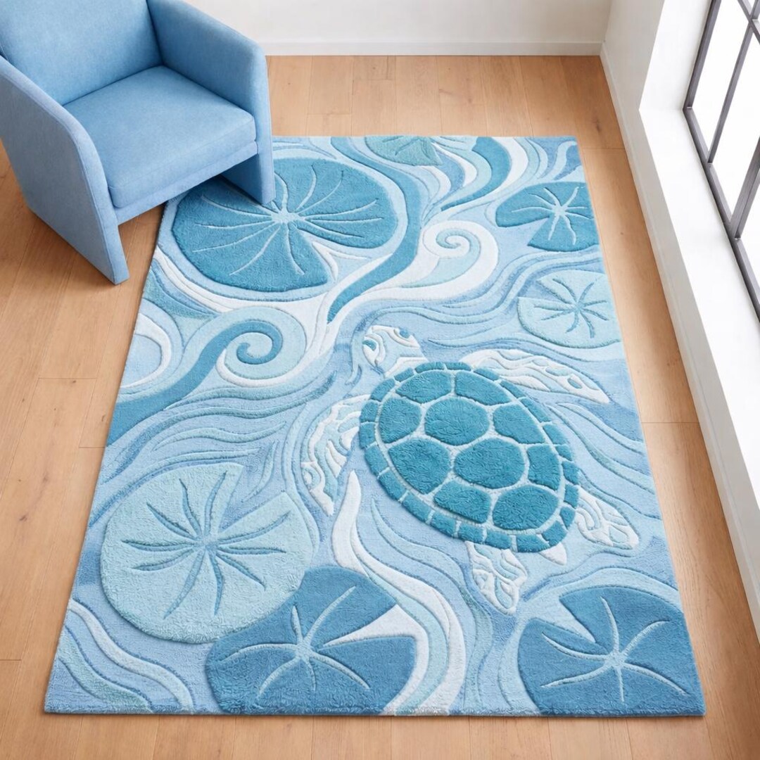 Fairpoint Sea Rug Sea Turtle Area Rug, Coastal Ocean Rug, Hand Tufted Wool Carpet, Blue ...
