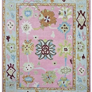 May include: A rectangular rug with a pink center and a light blue border. The rug features a floral pattern in shades of brown, green, and white. The border has a repeating design with floral and geometric elements. The rug's dimensions are not visible.