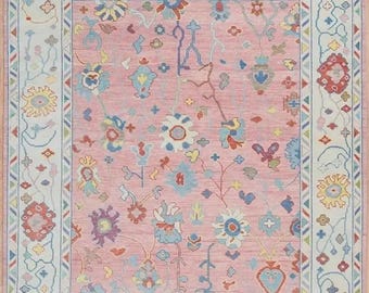 Hand Knotted Wool Oushak Rug | Pink Floral Turkish Carpet