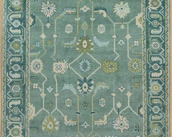 Hand-Knotted Wool Oushak Rug | Sage Green Floral Turkish Carpet