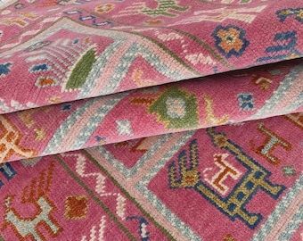 Pink Oushak Hand Knotted Rug | Tribal Animal Motif Area Rug | Handmade Boho Folk Carpet