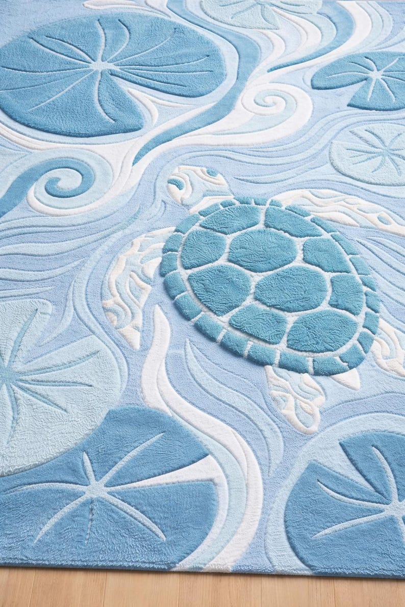 Sea Turtle Area Rug, Coastal Ocean Rug, Hand Tufted Wool Carpet, Blue ...
