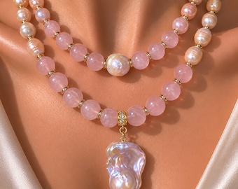Layered Rose Quartz Necklace, Baroque Pearl Statement Jewelry, Handmade Boho Gemstone Necklace, Birthday Christmas Gift for Mom, Grandma,