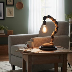 Lámpara de escritorio Steampunk: diseño industrial único con base de epoxi y cuerda de yute.