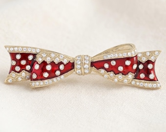 Vintage Style Emaille Pins mit Moissanit Diamant und roter Emaille Schleifen Brosche
