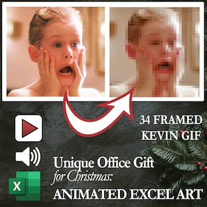 May include: A framed GIF featuring a shocked expression from a movie scene. The image includes the text "34 FRAMED KEVIN GIF" and "Unique Office Gift for Christmas: ANIMATED EXCEL ART."
