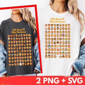 May include: Two t-shirts, one dark gray and one white, each featuring the text "100 Days Of Silly Monkeys." The shirts display a grid of cartoon monkeys with various accessories. The bottom of the image reads "2 PNG + SVG."