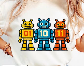 01 10 11 Robot PNG: Binary Code Humor Programmer png Coding Geek Nerd Retro Robot Illustration (Digital Download)