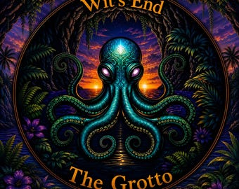 May include: A circular graphic featuring a teal octopus with glowing pink eyes centered in a dark grotto. The text 'Wit's End' appears at the top and 'The Grotto' at the bottom. The background shows a sunset over water framed by tropical foliage.