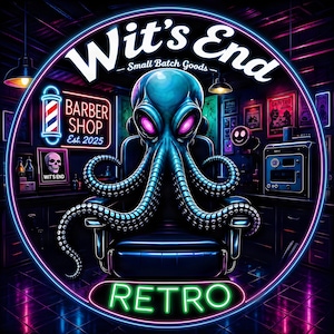 May include: A circular neon sign featuring a blue octopus sitting in a barber chair. The text reads Wit's End Small Batch Goods, Barber Shop Est. 2025, and RETRO. A small sign with a skull and the text Wit's End is visible on the left side.