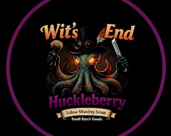 May include: A circular logo with a purple border features an octopus wearing a top hat and goggles, holding a shaving brush and straight razor. The text reads "Wit's End" and "Huckleberry Tallow Shaving Soap, Small Batch Goods".