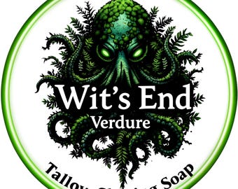May include: A round, white label with a green border features a detailed illustration of a green octopus with glowing eyes and leafy details. The text "Wit's End Verdure" is centered, with "Tallow Shaving Soap" in a curved font at the bottom.