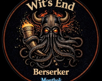 May include: A circular graphic label featuring a central octopus-like creature wearing a horned helmet, holding a flaming torch. The text reads Wit's End at the top, Berserker in the center, and Menthol in blue at the bottom against a dark background.