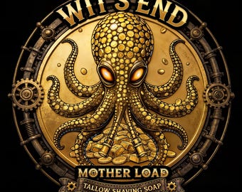 May include: A gold-colored, steampunk-style logo featuring an octopus with coin-like details, glowing eyes, and tentacles. The text "WIT'S END" arches above the octopus, with "MOTHER LOAD" and "TALLOW SHAVING SOAP" below. The design includes gears and rivets.