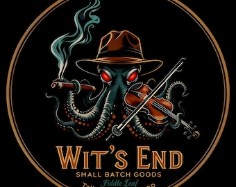 May include: A circular logo featuring an octopus wearing a fedora and smoking a cigar, playing a violin. The octopus has red eyes and is surrounded by the text "Wit's End Small Batch Goods Fiddle Leaf Tallow Shaving Soap."