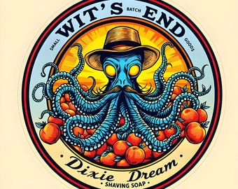 May include: A circular label for Wit's End Small Batch Goods shaving soap featuring a blue octopus wearing a brown hat and mustache, surrounded by orange peaches against a yellow sunburst background with the text Dixie Dream at the bottom.