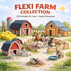 以下が含まれることがあります： Flexi Farm Collectionのデジタルダウンロード画像。納屋、風車、干し草の束、さまざまな家畜がある農場のシーンが特徴です。動物には、馬、牛、ロバ、豚、羊が含まれます。テキストは「FLEXI FARM COLLECTION」と「3D Printable STL Pack • Digital Download」と表示されています。