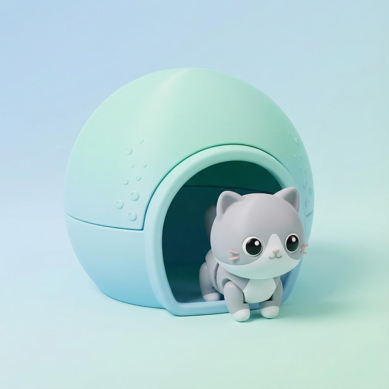 May include: A gray and white cat figurine with pink accents, positioned in front of a blue and green dome-shaped cat house. The cat house has a rounded entrance and decorative details.