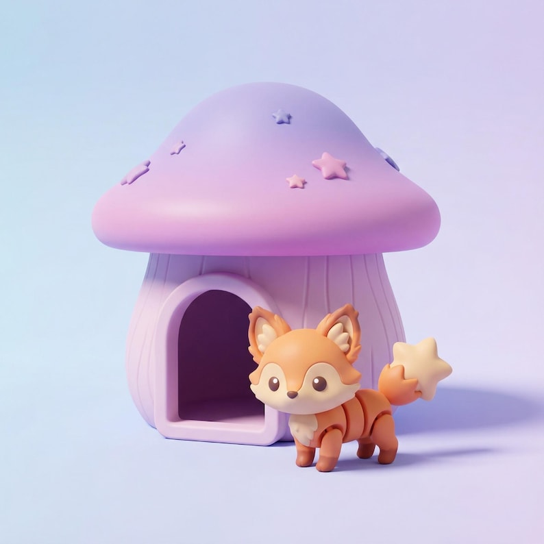 May include: A whimsical scene featuring a cartoon fox figurine with a star-shaped tail, standing in front of a mushroom-shaped house. The house is lavender with a pink top adorned with star accents. The fox is orange and white.