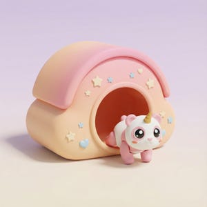 May include: A whimsical panda figurine with a unicorn horn, emerging from a pastel-colored house. The house is adorned with stars and hearts. The panda has pink limbs and a pink scarf.