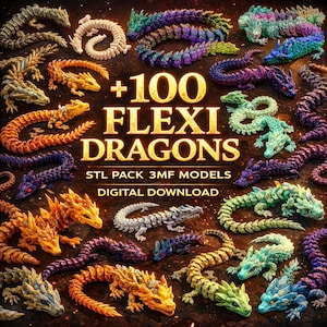 May include: A collection of articulated dragon figurines in various colors including orange, purple, green, blue, and white, displayed with the text +100 FLEXI DRAGONS STL PACK 3MF MODELS DIGITAL DOWNLOAD on a dark background.