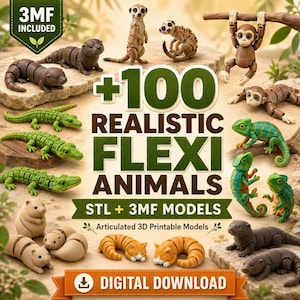 Op de afbeelding: Een verzameling van gearticuleerde 3D-printbare diermodellen, waaronder stokstaartjes, apen, krokodillen, kameleons, hamsters en katten. De afbeelding bevat de tekst 3MF INCLUDED, +100 REALISTIC FLEXI ANIMALS, STL + 3MF MODELS en DIGITAL DOWNLOAD.