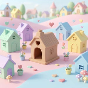 May include: A whimsical scene featuring miniature pastel-colored houses, hearts, and flowers. The houses are in shades of green, purple, blue, and yellow. Some have heart-shaped cutouts. The scene is set on a pink and blue surface, creating a playful, dreamy aesthetic.