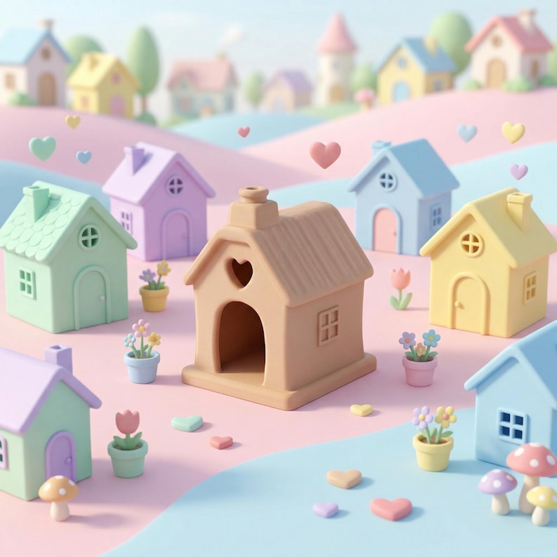 May include: A whimsical scene featuring miniature pastel-colored houses, hearts, and flowers. The houses are in shades of green, purple, blue, and yellow. Some have heart-shaped cutouts. The scene is set on a pink and blue surface, creating a playful, dreamy aesthetic.